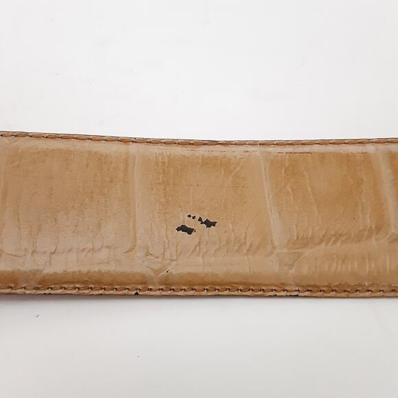 Vintage 80s Reptile Croco Belt Carmel Genuine Leather Gold Coin Buckle Sz L - Picture 4 of 11